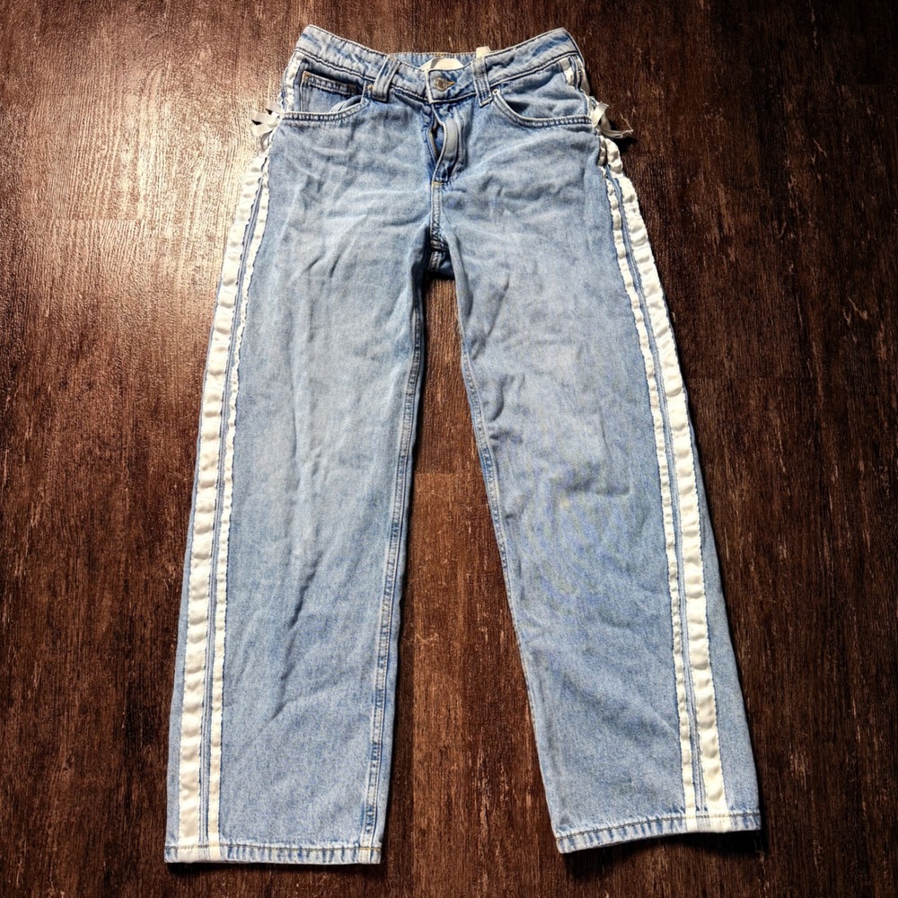 H&M Jeans Girls 16 Light Blue Baggy Low Waist Ribbon Side Stripe Bow Wide Leg
